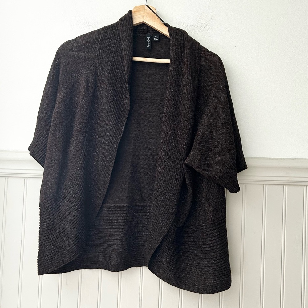 Relativity 1X Metallic Brown Open Front Knit Cardigan Short Sleeve
